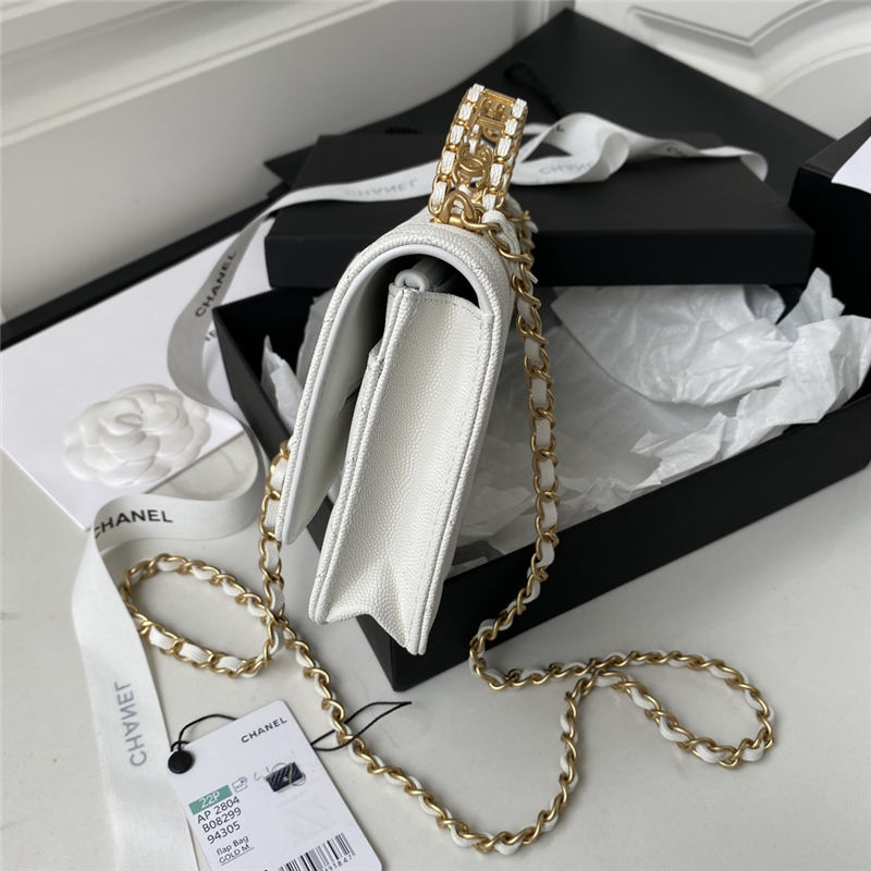 Chanel WALLET ON CHAIN Grained Shiny Calfskin & Gold-Tone Metal White AP2804 A