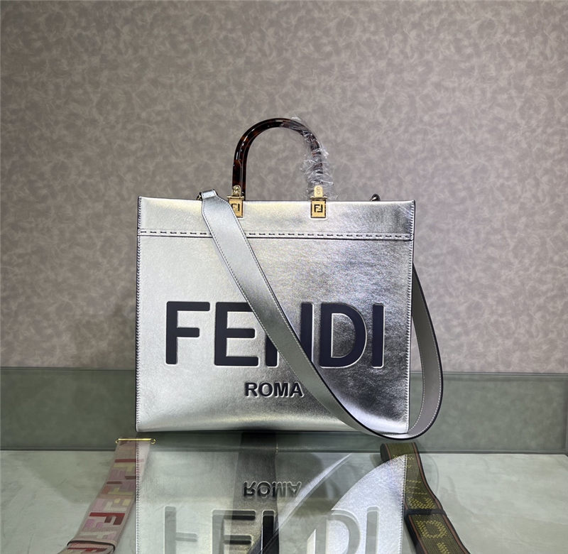 MEDIUM Fendi SUNSHINE Leather Shopper Silver High