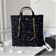 MAXI SHOPPING BAG Printed Denim & Gold-Tone Metal A