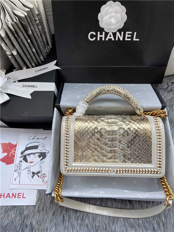 BOY Chanel FLAP BAG WITH HANDLE Python & Gold Metal High