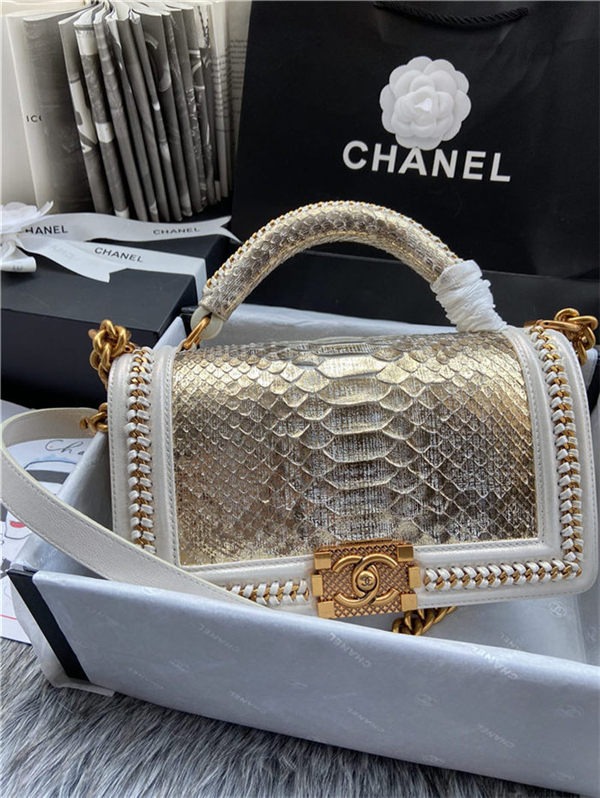 BOY Chanel FLAP BAG WITH HANDLE Python & Gold Metal High