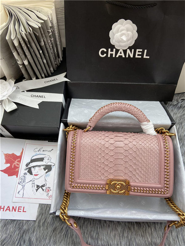 BOY Chanel FLAP BAG WITH HANDLE Python & Gold Metal High