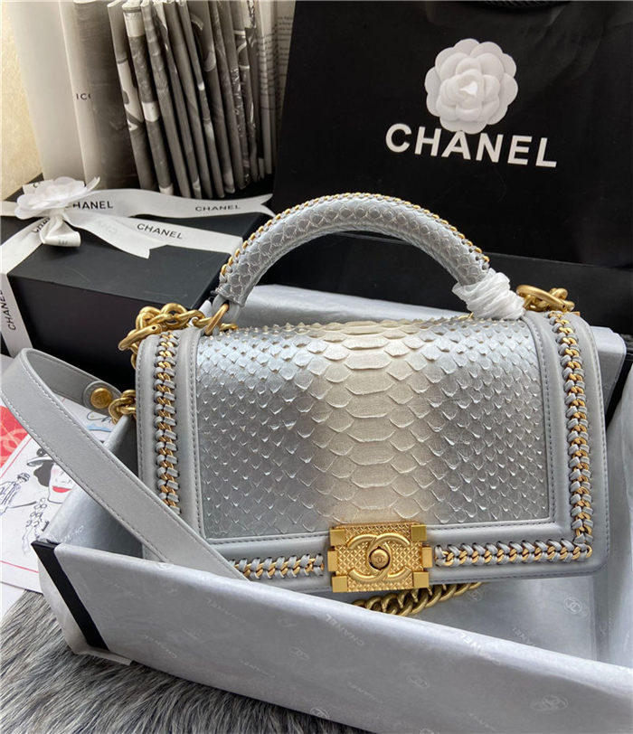 BOY Chanel FLAP BAG WITH HANDLE Python & Gold Metal High