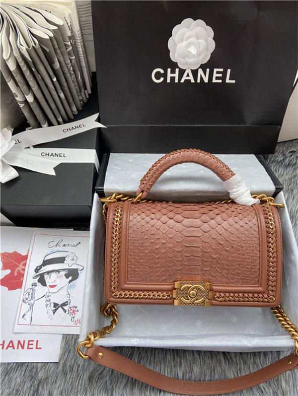 BOY Chanel FLAP BAG WITH HANDLE Python & Gold Metal High