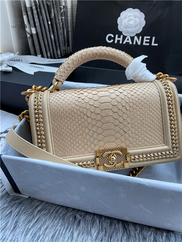 BOY Chanel FLAP BAG WITH HANDLE Python & Gold Metal High