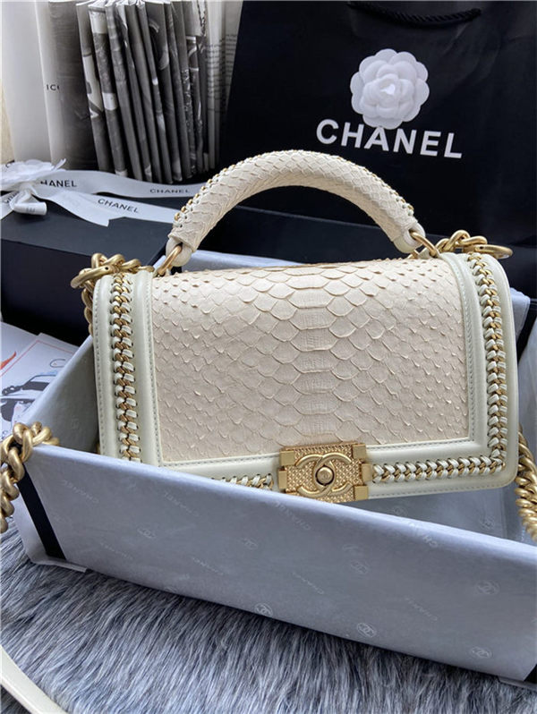 BOY Chanel FLAP BAG WITH HANDLE Python & Gold Metal High