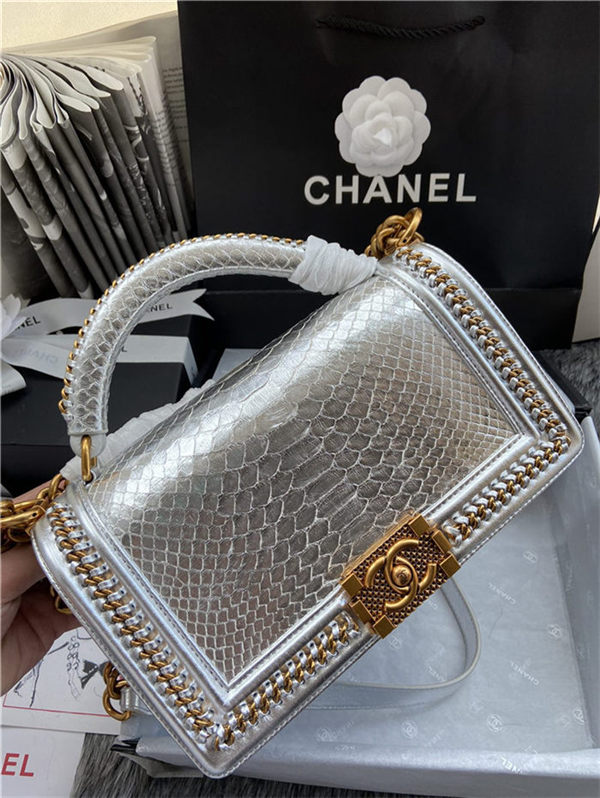 BOY Chanel FLAP BAG WITH HANDLE Python & Gold Metal High