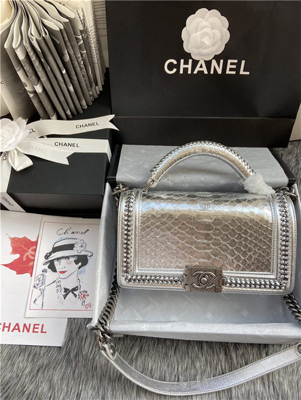 BOY Chanel FLAP BAG WITH HANDLE Python & Silver Metal High