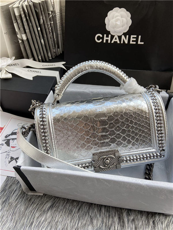 BOY Chanel FLAP BAG WITH HANDLE Python & Silver Metal High