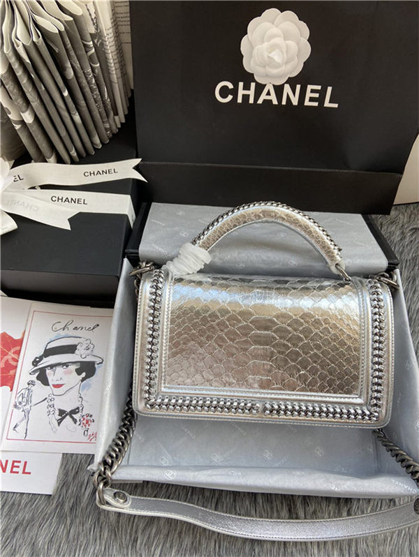 BOY Chanel FLAP BAG WITH HANDLE Python & Silver Metal High