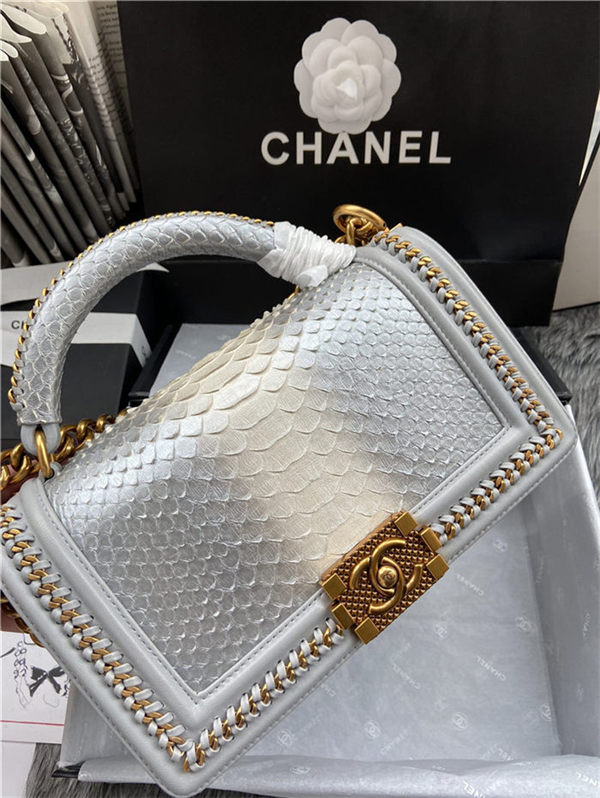 BOY Chanel FLAP BAG WITH HANDLE Python & Gold Metal High