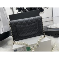 Chanel Wallet on Chain Lambskin Imitation Pearls & Gold-Tone Metal Black High