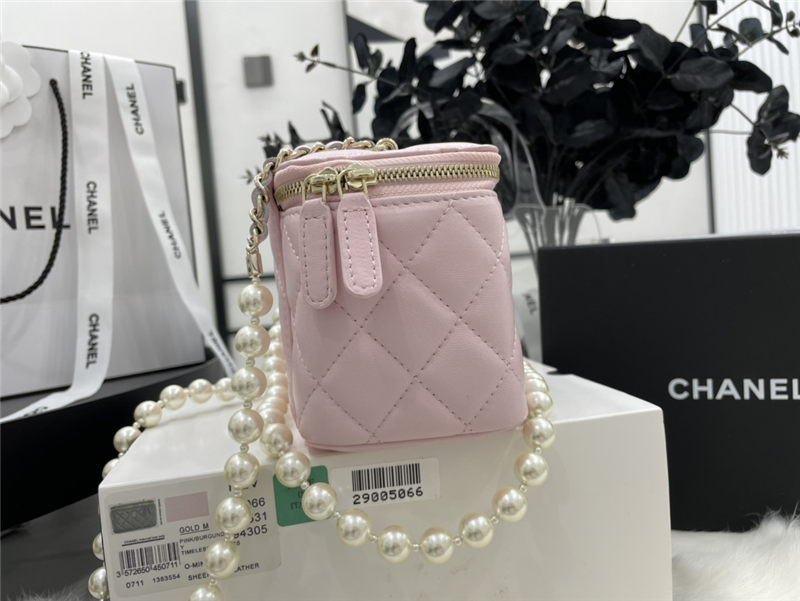 Chanel VANITY WITH CHAIN Lambskin Imitation Pearls & Gold-Tone Metal Pink High