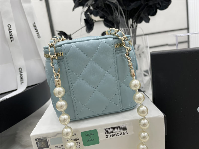 Chanel SMALL VANITY WITH CHAIN Lambskin Imitation Pearls & Gold-Tone Metal Blue High