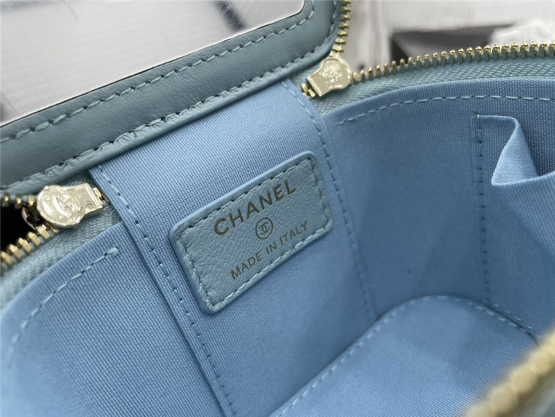 Chanel SMALL VANITY WITH CHAIN Lambskin Imitation Pearls & Gold-Tone Metal Blue High