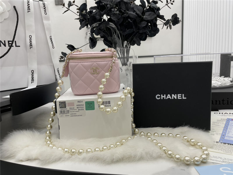 Chanel SMALL VANITY WITH CHAIN Lambskin Imitation Pearls & Gold-Tone Metal Pink High