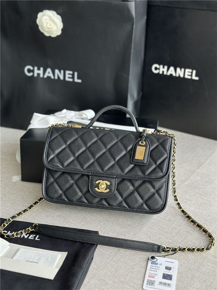 Chanel FLAP BAG WITH TOP HANDLE Grained Calfskin & Gold-Tone Metal AS3653 Black A