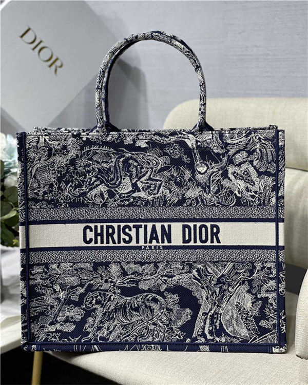 LARGE Dior BOOK TOTE Toile de Jouy Embroidery Blue High