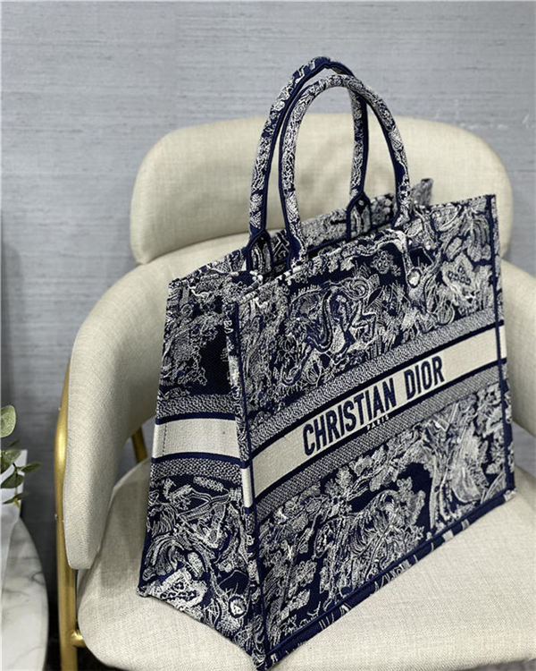 LARGE Dior BOOK TOTE Toile de Jouy Embroidery Blue High