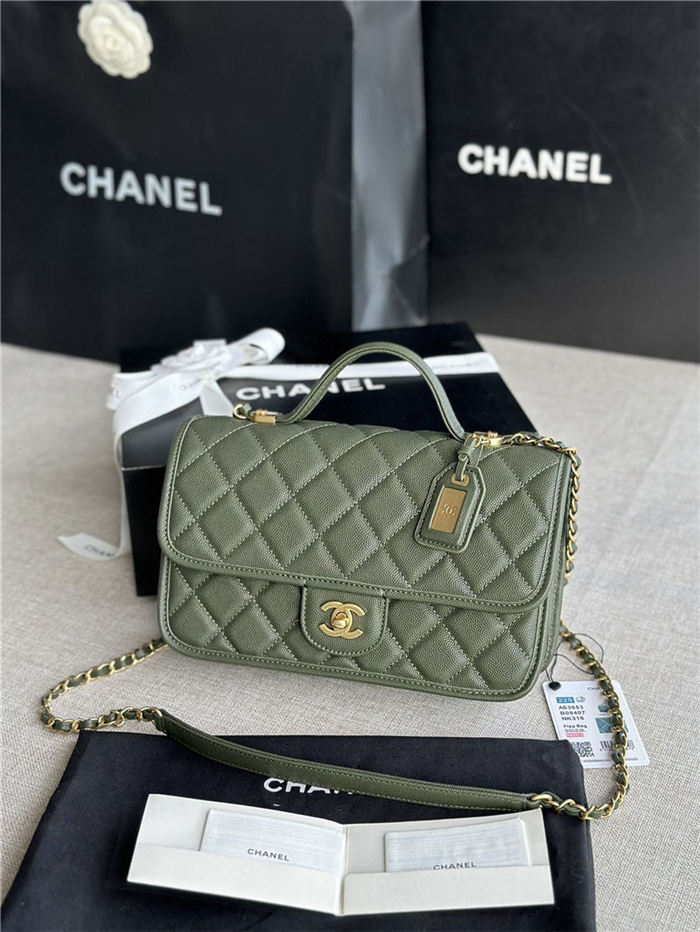 Chanel FLAP BAG WITH TOP HANDLE Grained Calfskin & Gold-Tone Metal AS3653 Green A