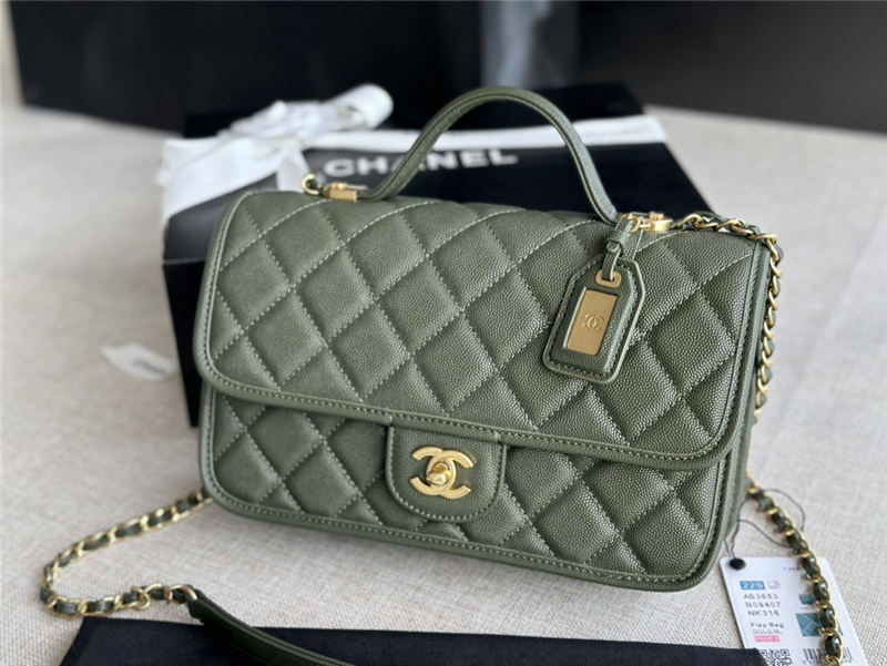 Chanel FLAP BAG WITH TOP HANDLE Grained Calfskin & Gold-Tone Metal AS3653 Green A