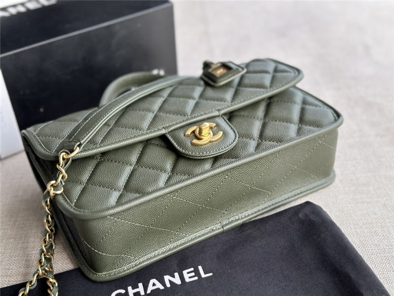 Chanel FLAP BAG WITH TOP HANDLE Grained Calfskin & Gold-Tone Metal AS3653 Green A