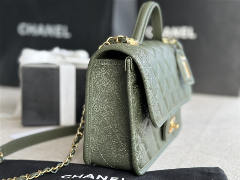 Chanel FLAP BAG WITH TOP HANDLE Grained Calfskin & Gold-Tone Metal AS3653 Green A