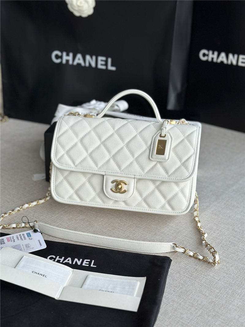 Chanel FLAP BAG WITH TOP HANDLE Grained Calfskin & Gold-Tone Metal AS3653 White A