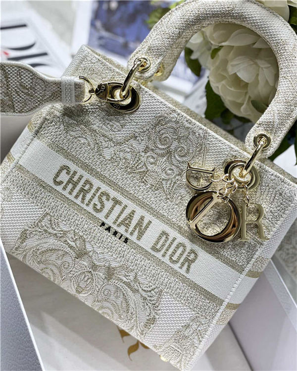 MEDIUM LADY D-LITE BAG Dior Around the World Stella Embroidery Gold-Tone High