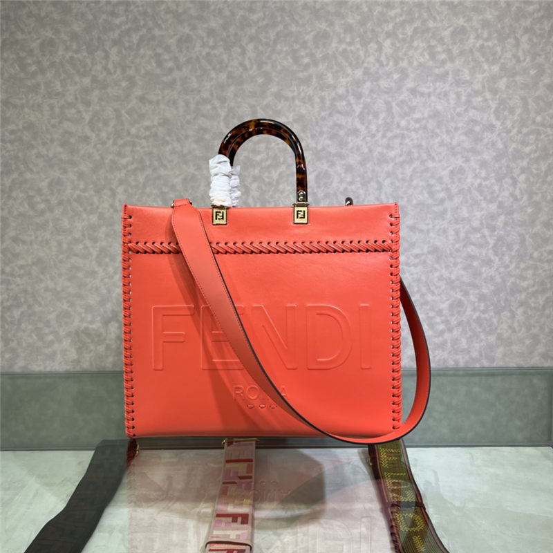 MEDIUM Fendi SUNSHINE Leather Shopper with Decorative Stitching Orange-Red High