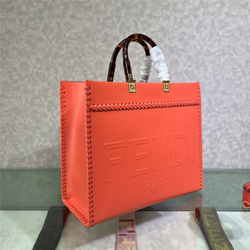 MEDIUM Fendi SUNSHINE Leather Shopper with Decorative Stitching Orange-Red High