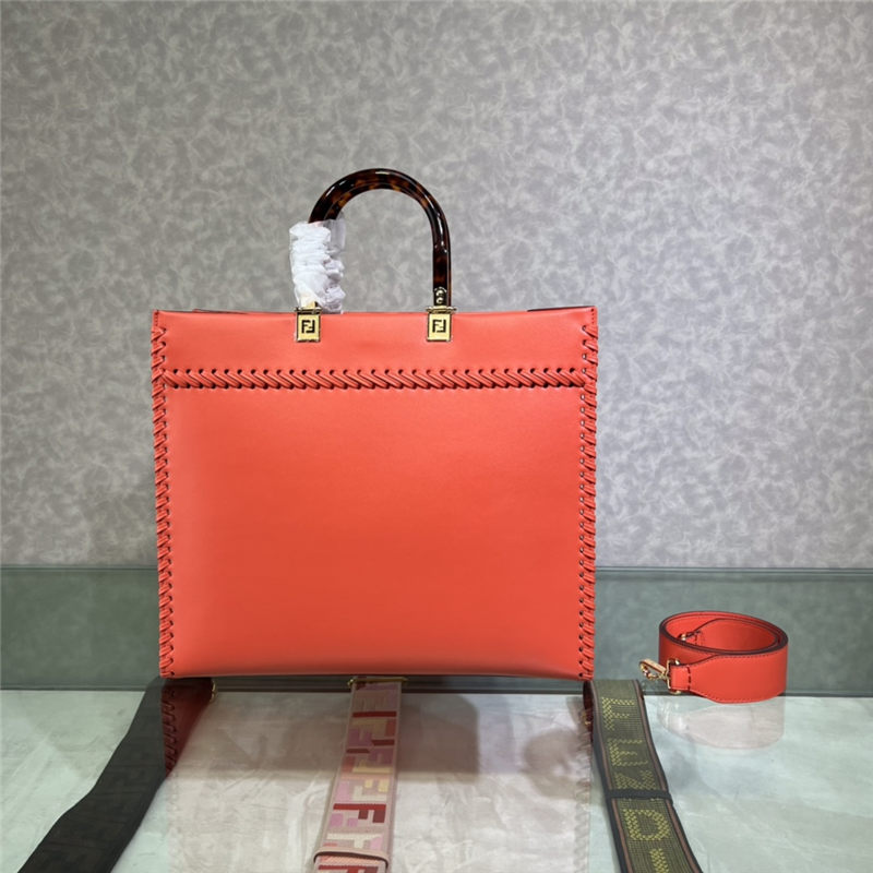 MEDIUM Fendi SUNSHINE Leather Shopper with Decorative Stitching Orange-Red High