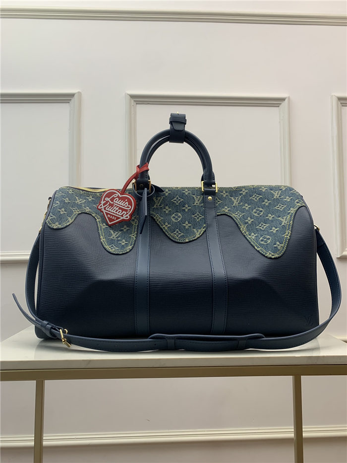 Louis Vuitton KEEPALL BANDOULIÈRE 50 Monogram denim and Taurillon leather Blue M45975 High