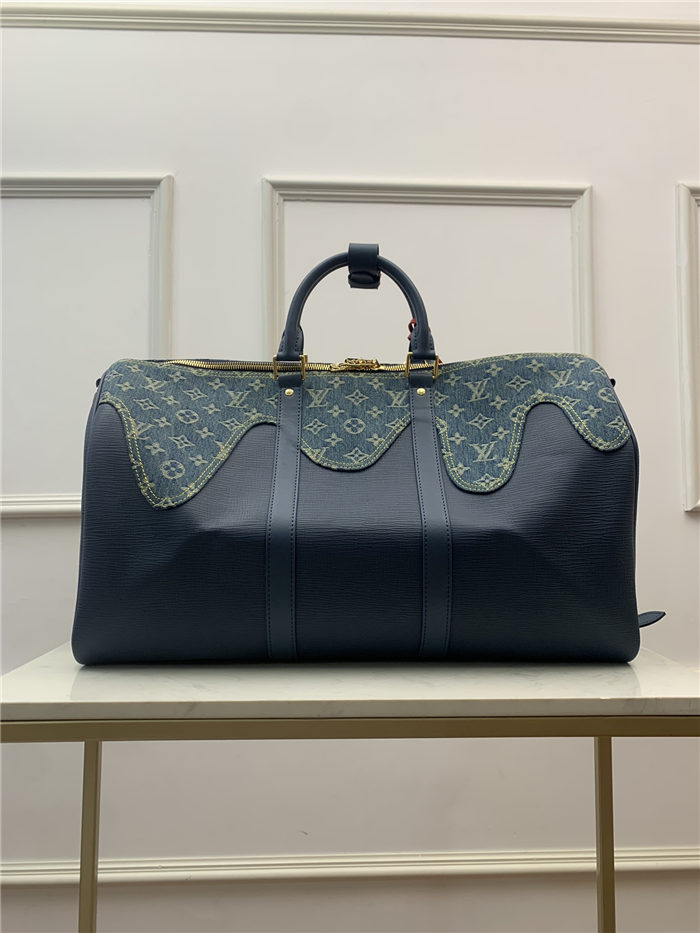 Louis Vuitton KEEPALL BANDOULIÈRE 50 Monogram denim and Taurillon leather Blue M45975 High