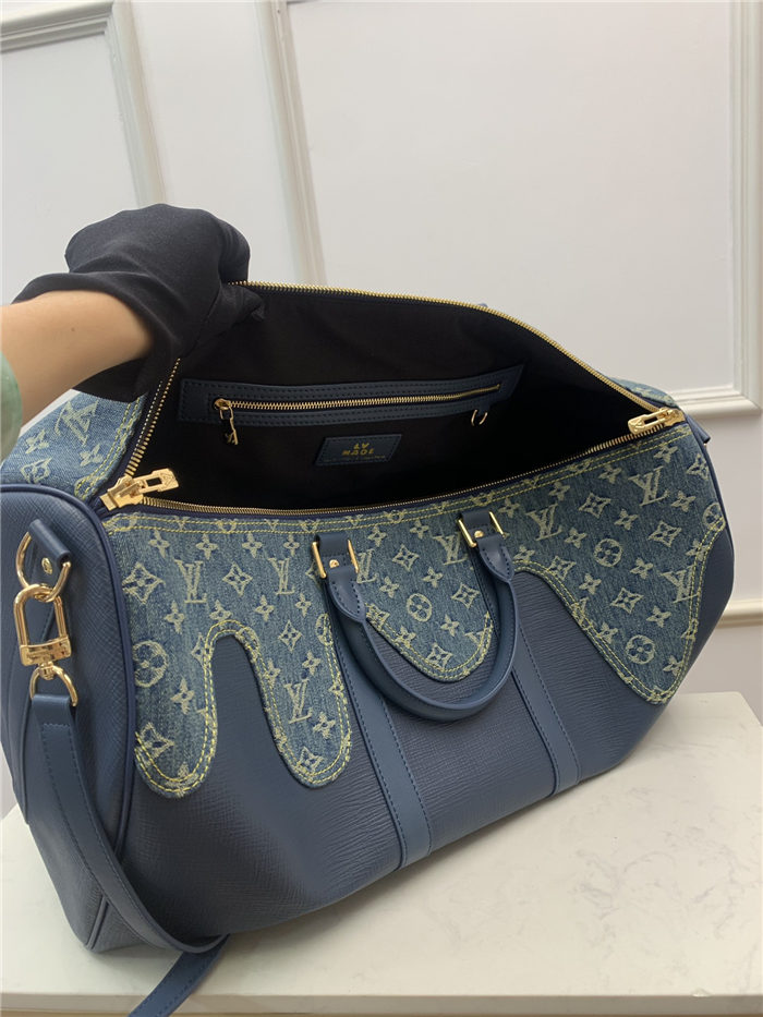 Louis Vuitton KEEPALL BANDOULIÈRE 50 Monogram denim and Taurillon leather Blue M45975 High