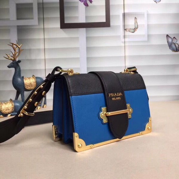 Prada Cahier Shoulder Bag In Blue Hydra /Black Leather High