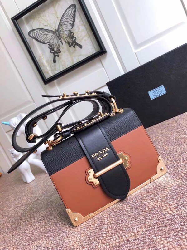 Prada Cahier Shoulder Bag In Brown/Black Leather High