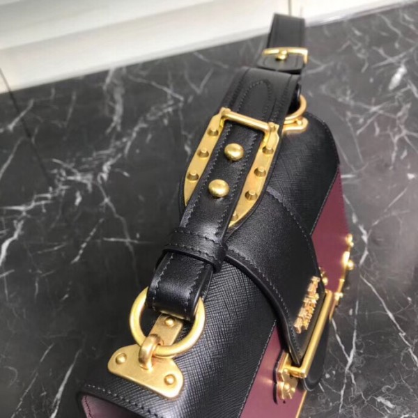 Prada Cahier Shoulder Bag In Bordeaux/Black Leather High