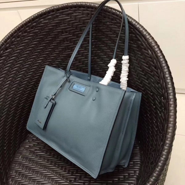 Prada Etiquette Tote Bag In Blue Calf Leather High