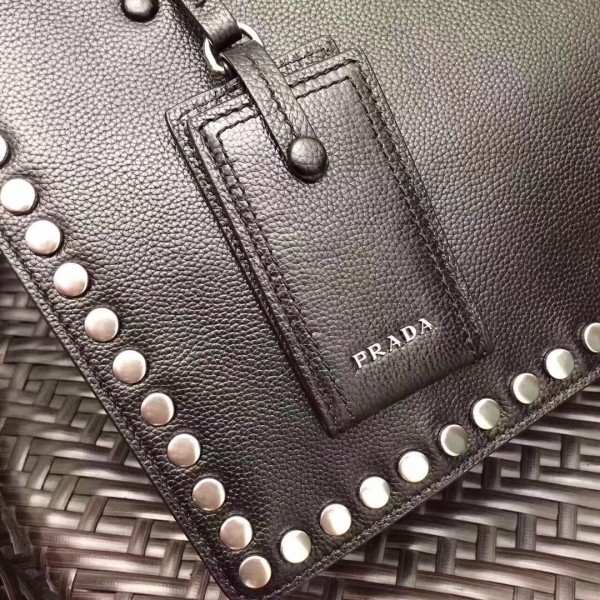 Prada Black Etiquette Calfskin Tote With Metal Stud Trim High