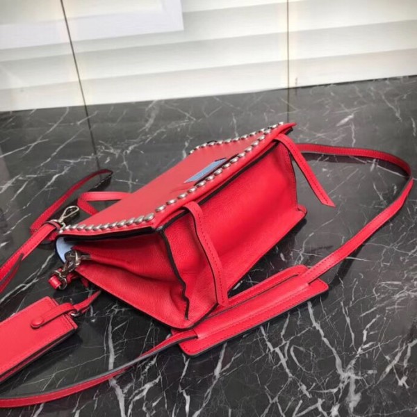 Prada Etiquette Bag In Red Calfskin With Metal Stud Trim High