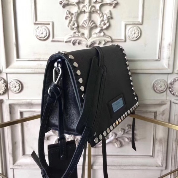 Prada Etiquette Bag In Black Calfskin With Metal Stud Trim High