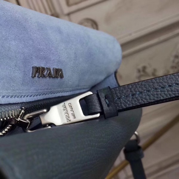 Prada Etiquette Bag In Blue Calfskin With Metal Stud Trim High