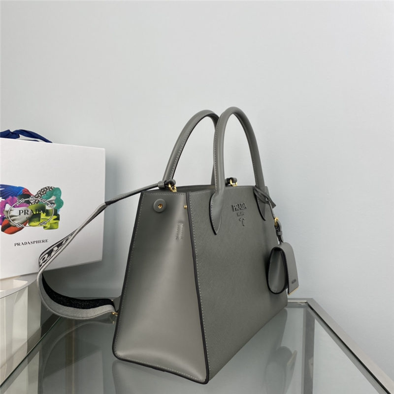 Prada Large Monochrome Bag 1BA155 In Grey Saffiano Leather High