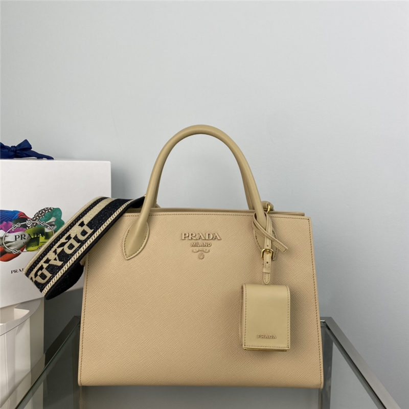 Prada Large Monochrome Bag 1BA155 In Beige Saffiano Leather High