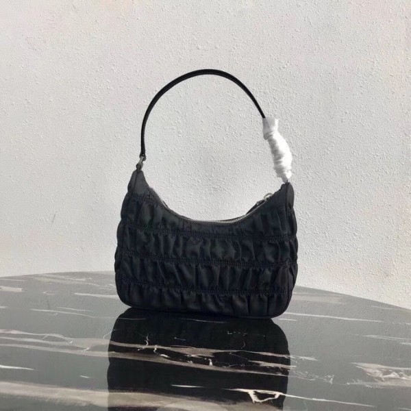 Prada Mini Hobo Bag In Black Nylon and Leather High