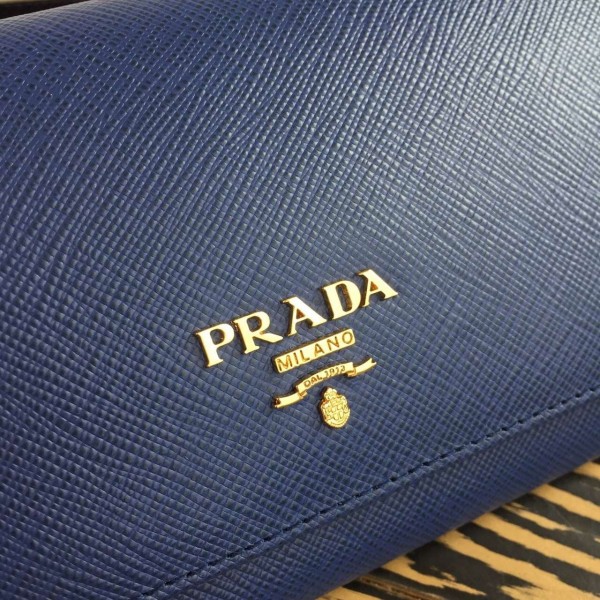 Prada Continental Wallet In Blue Saffiano Leather High