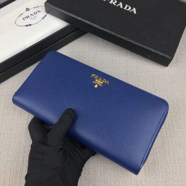 Prada Zipped Wallet In Blue Saffiano Leather High