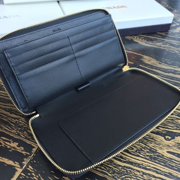 Prada Large Zipped Wallet In Black Saffiano Leather High