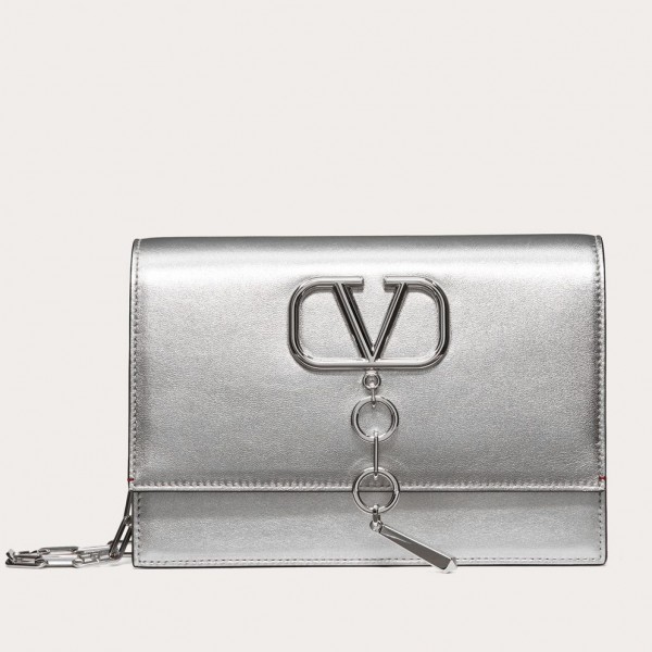 Valentino Vcase Small Chain Bag In Silver Metallic Lambskin High